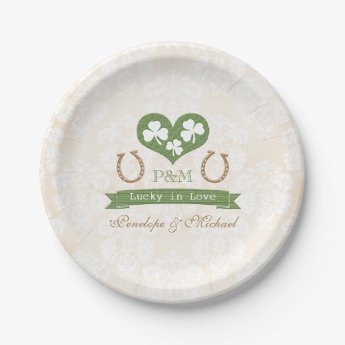 Monogrammed Lucky Horseshoe and Shamrock Wedding Paper Plates