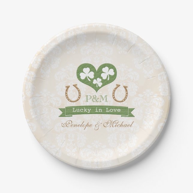 Monogrammed Lucky Horseshoe and Shamrock Wedding Paper Plates (Front)