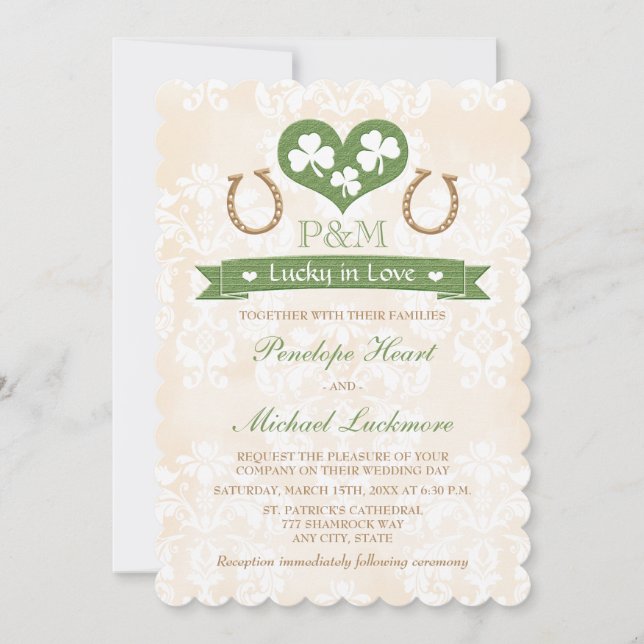 Monogrammed Lucky in Love Shamrock Wedding Invitation (Front)
