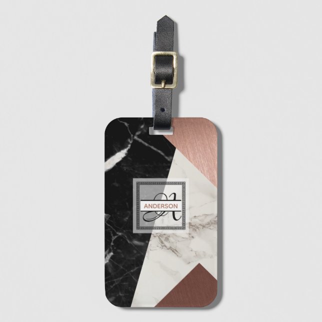 Monogrammed Luggage Tag Marble Rose Gold Geometric (Front Vertical)