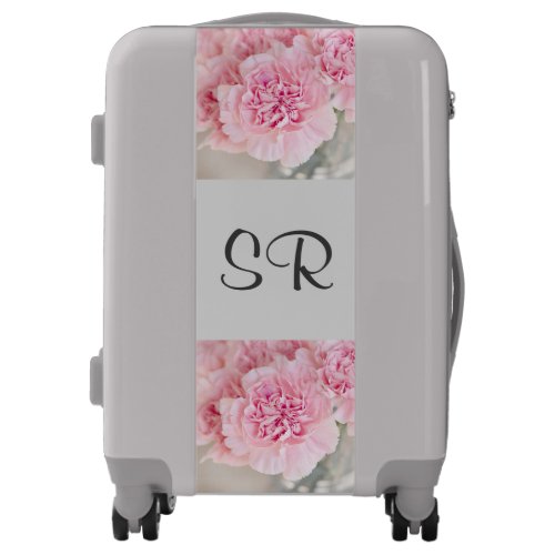 Monogrammed luggage trolley gray pink flowers