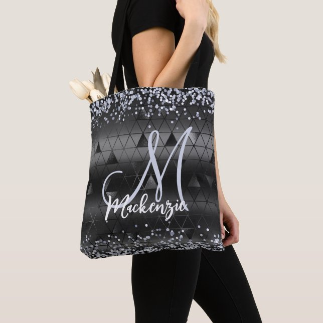 Monogrammed Luxury Black Glamour Glitter Pattern Tote Bag (Close Up)