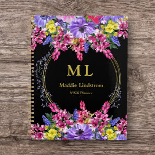 Monogrammed Luxury Black Multicolor Floral Custom Planner