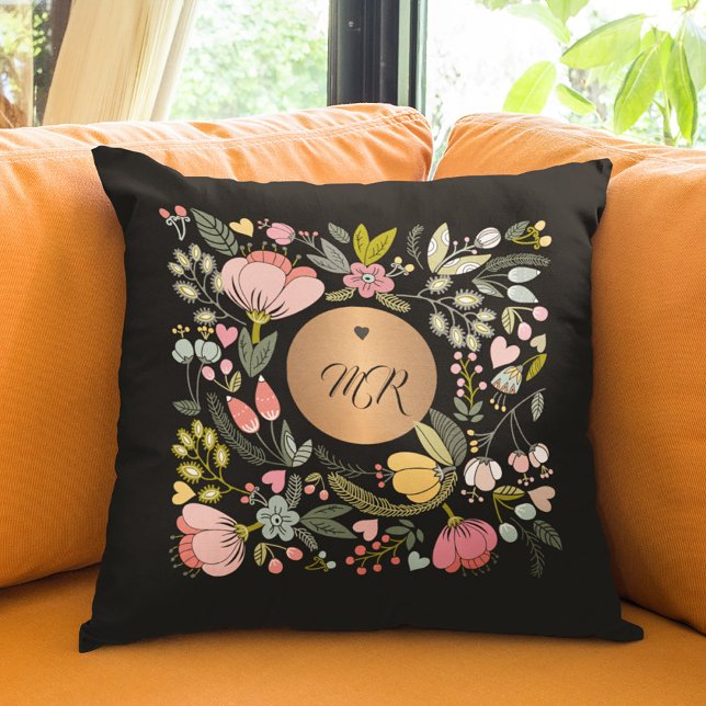 Monogrammed luxury gold floral pink black  throw pillow (Creator Uploaded)