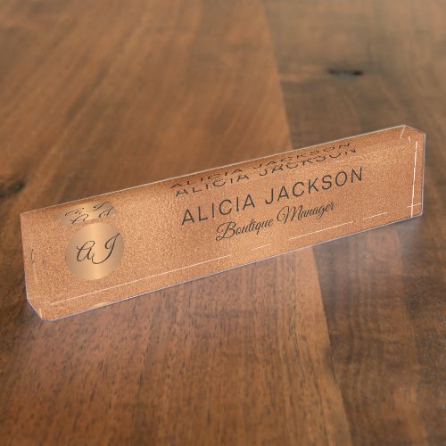 Monogrammed luxury rose gold copper glitter desk name plate