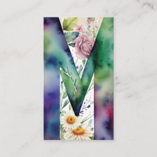 Monogrammed M Daisy Floral Watercolor QR Code Logo Business Card