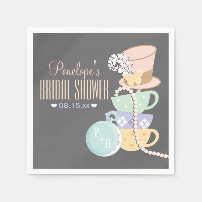 Monogrammed Mad Hatter Bridal Shower Paper Napkins (Front)
