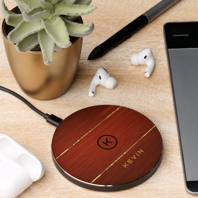 Monogrammed Mahogany Wood Texture Wireless Charger (Desk 2)