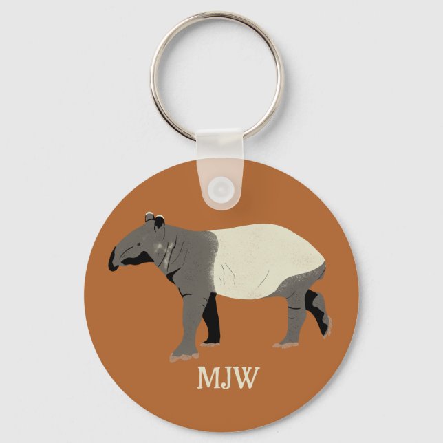 Monogrammed Malayan Tapir Animal Illustration Keychain (Front)