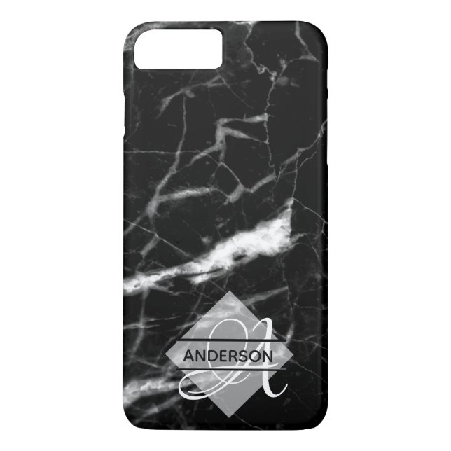Monogrammed Marble Phone Case Black Personalized (Back)
