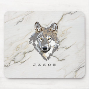 Monogrammed Marble Stone And Wolf Mouse Pad
