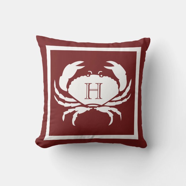 Monogrammed Maroon Rust Red White Crab Nautical  Outdoor Pillow (Front)