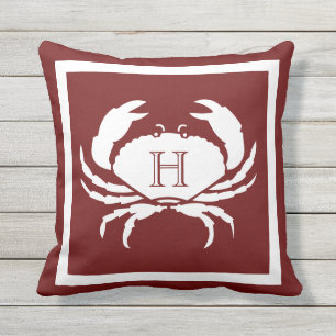 Monogrammed Maroon Rust Red White Crab Nautical Outdoor Pillow