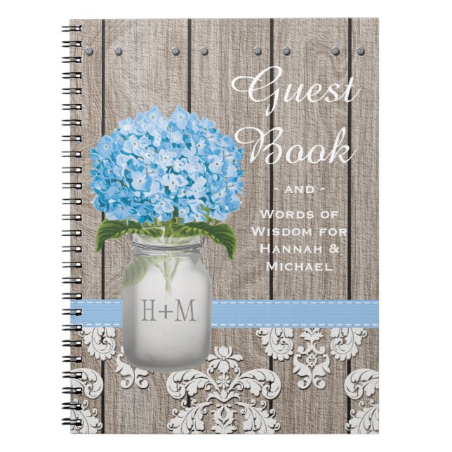 Monogrammed Mason Jar Blue Hydrangea Guest Book (Front)