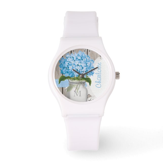 Monogrammed Mason Jar Blue Hydrangea Watch (Front)