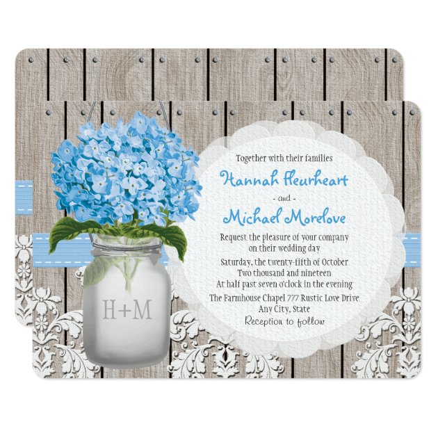 Monogrammed Mason Jar Blue Hydrangea Wedding Invitation