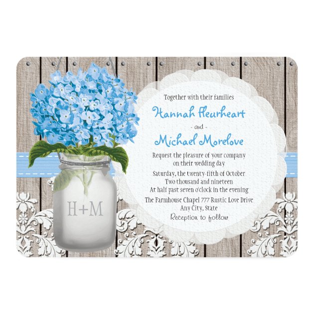 Monogrammed Mason Jar Blue Hydrangea Wedding Invitation