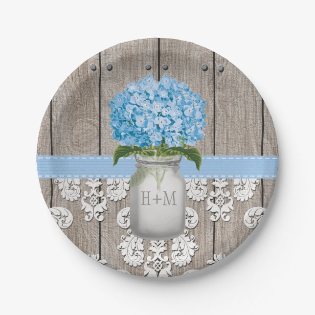 Monogrammed Mason Jar Blue Hydrangea Wedding Paper Plates (Front)