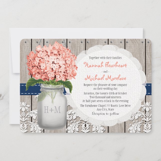 Monogrammed Mason Jar Coral Navy Hydrangea Wedding Invitation (Front)