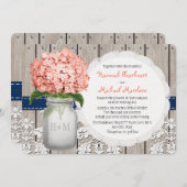 Monogrammed Mason Jar Coral Navy Hydrangea Wedding Invitation (Front/Back)