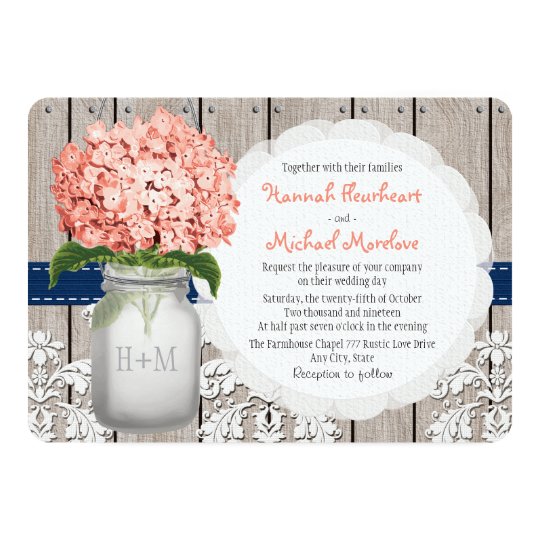 monogrammed mason jar coral navy hydrangea wedding invitation