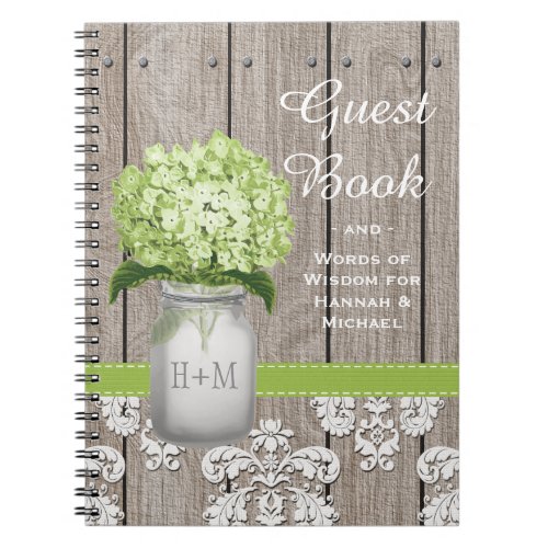 Monogrammed Mason Jar Green Hydrangea Guest Book
