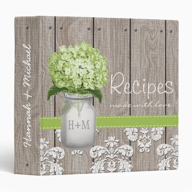 Monogrammed Mason Jar Green Hydrangea Recipe Binder (Front/Spine)