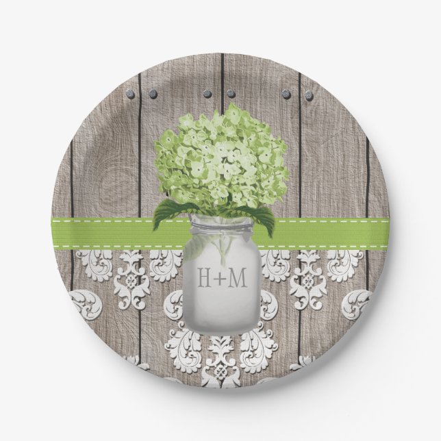 Monogrammed Mason Jar Green Hydrangea Wedding Paper Plates (Front)