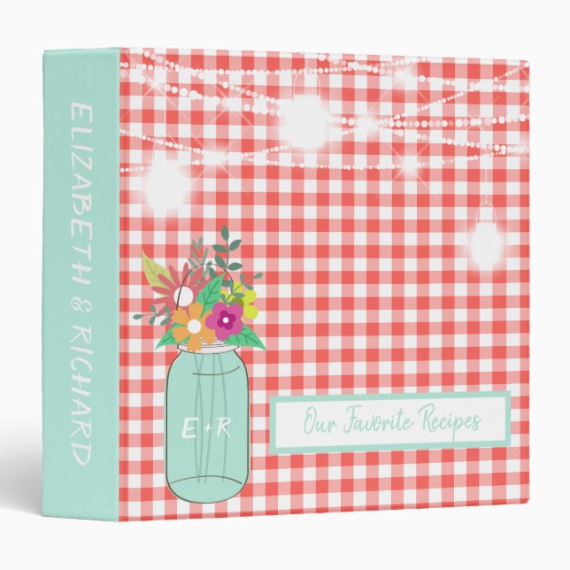 Monogrammed Mason Jar Mint Coral Favorite Recipes 3 Ring Binder (Front/Spine)