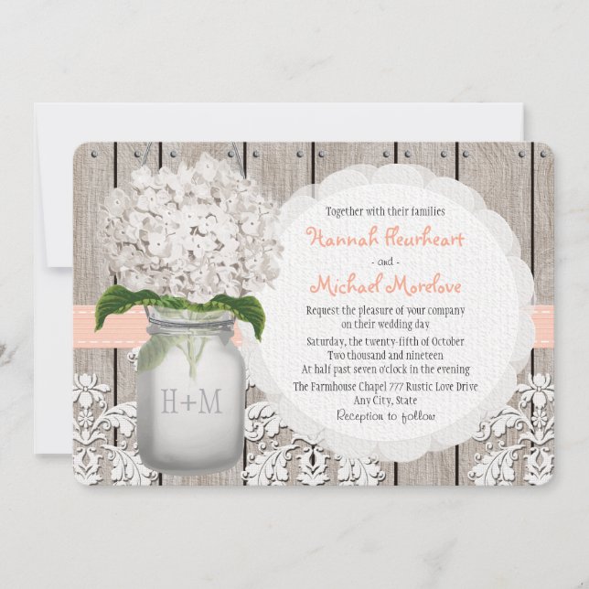 Monogrammed Mason Jar Peach Hydrangea Wedding Invitation (Front)
