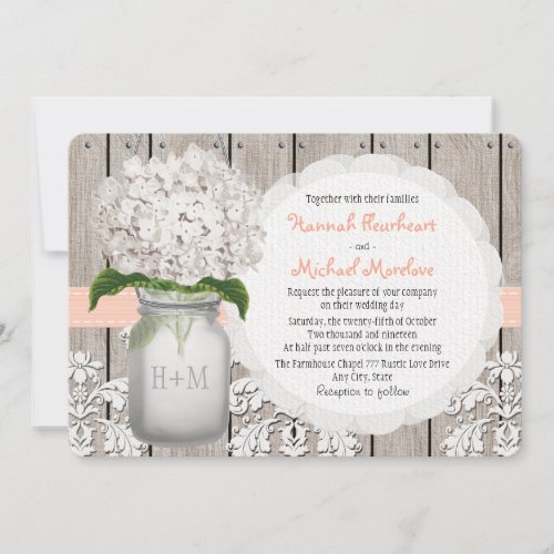 Monogrammed Mason Jar Peach Hydrangea Wedding Invitation