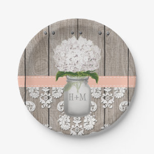 Monogrammed Mason Jar Peach Hydrangea Wedding Paper Plates