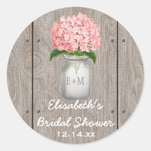 Monogrammed Mason Jar Pink Hydrangea Bridal Shower Classic Round Sticker