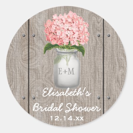 Monogrammed Mason Jar Pink Hydrangea Bridal Shower Classic Round Stick