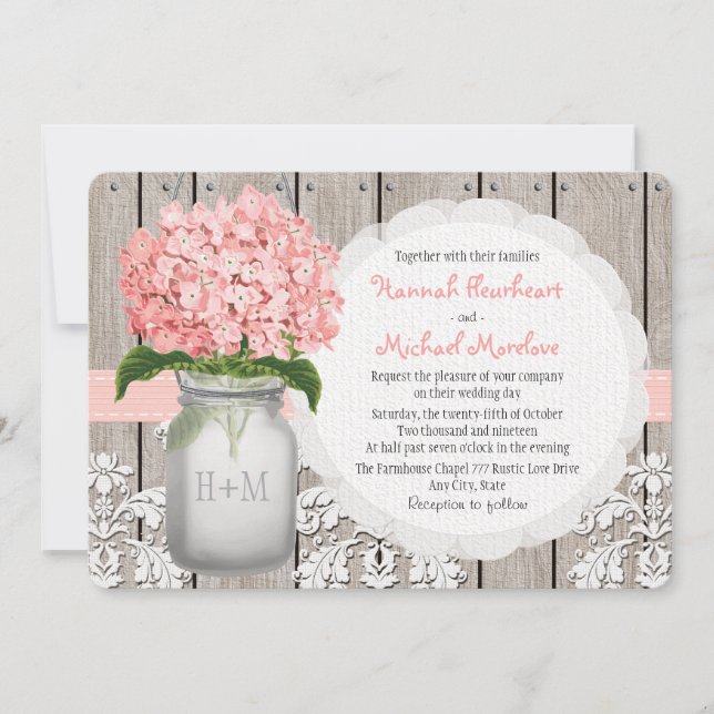 Monogrammed Mason Jar Pink Hydrangea Wedding Invitation (Front)