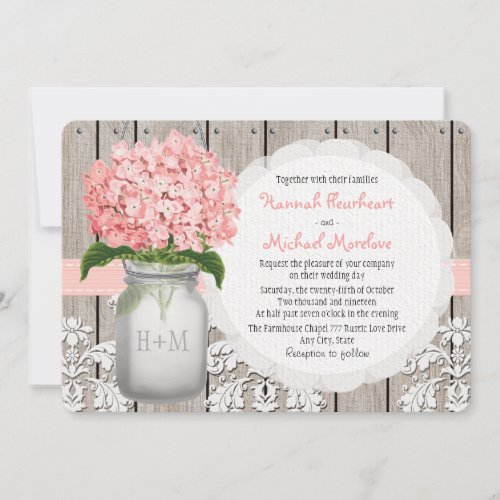 Monogrammed Mason Jar Pink Hydrangea Wedding Invitation