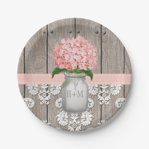 Monogrammed Mason Jar Pink Hydrangea Wedding Paper Plates