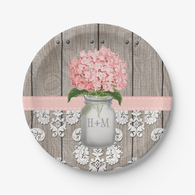 Monogrammed Mason Jar Pink Hydrangea Wedding Paper Plates (Front)