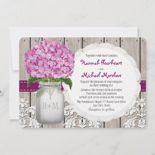 Monogrammed Mason Jar Plum Hydrangea Wedding Invitation