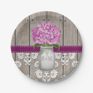 Monogrammed Mason Jar Plum Hydrangea Wedding Paper Plates