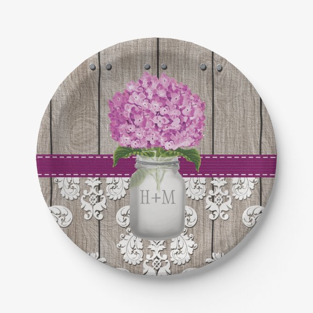 Monogrammed Mason Jar Plum Hydrangea Wedding Paper Plates (Front)