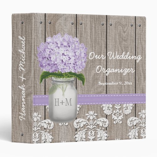 Monogrammed Mason Jar Purple Hydrangea Wedding 3 Ring Binder