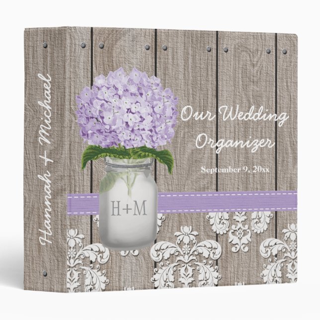 Monogrammed Mason Jar Purple Hydrangea Wedding 3 Ring Binder (Front/Spine)