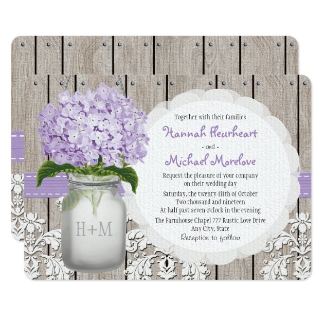 Monogrammed Mason Jar Purple Hydrangea Wedding Invitation
