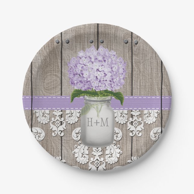 Monogrammed Mason Jar Purple Hydrangea Wedding Paper Plates (Front)
