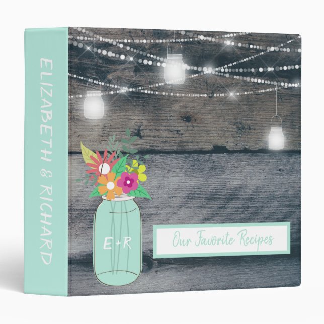 Monogrammed Mason Jar Rustic Wood Favorite Recipes 3 Ring Binder (Front/Spine)
