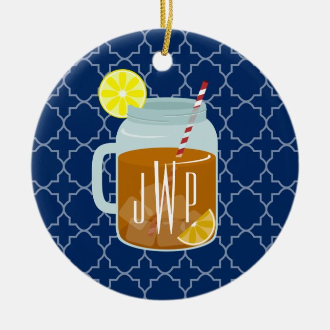 Monogrammed Mason Jar Sweet Tea - Navy Quatrefoil Ceramic Ornament (Front)