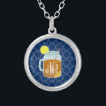 Monogrammed Mason Jar Sweet Tea - Navy Quatrefoil Silver Plated Necklace<br><div class="desc">A gift featuring an illustration of a mason jar of sweet tea and lemon wedges.  Personalize with your monogram.  Background is navy blue quatrefoil pattern.</div>