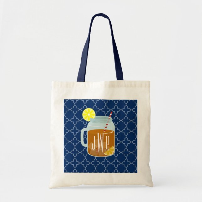 Monogrammed Mason Jar Sweet Tea - Navy Quatrefoil Tote Bag (Front)