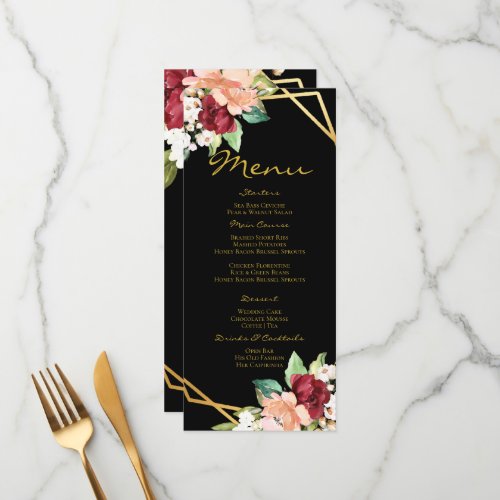 Monogrammed Menu Black Gold Floral Wedding